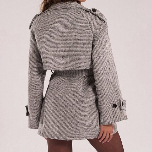 Grey Casual Women's Drop-Shoulder Sleeve Plaid Oversized Trench Coats - Picture 2 of 8